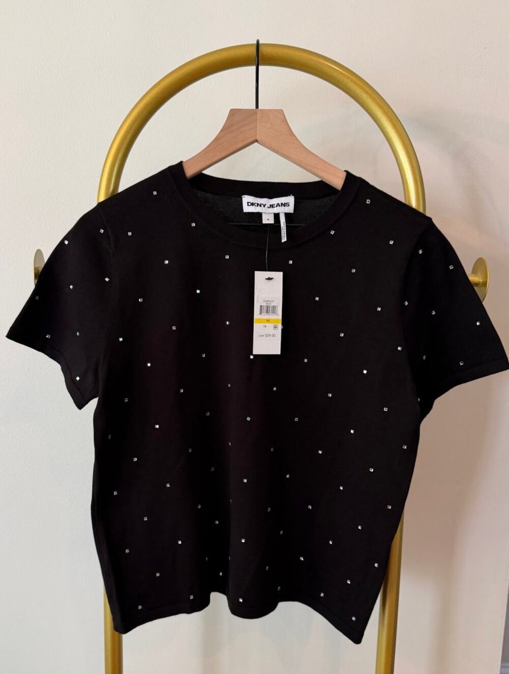DKNY NEW Crystal Square Studded Knit T-shirt, Medium
